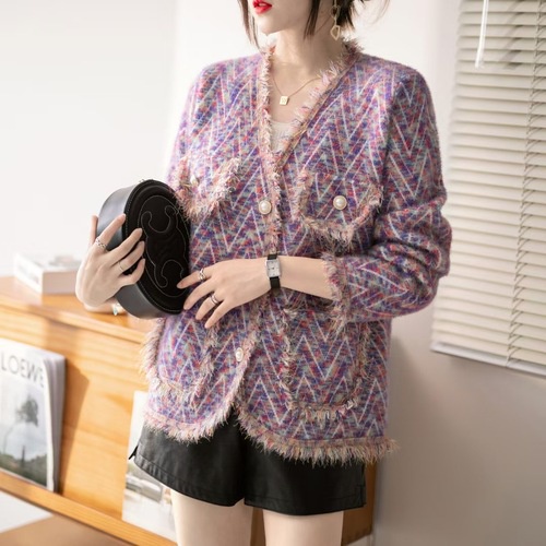 Áo Khoác Len Giả Hai Mặt Có Mũ Trùm Dáng Rộng Họa Tiết Sọc Caro Thời Trang Thu Đông Hàng Mới 2023