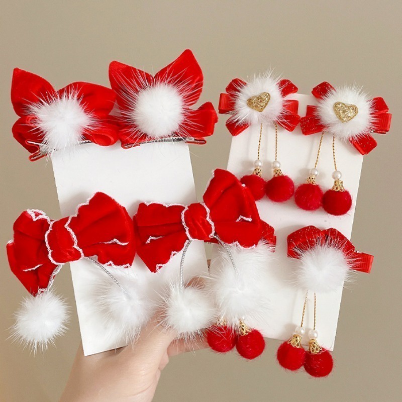 Kẹp Tóc Hình Nơ Đỏ Đính Bóng Lông Mừng Năm Mới Cho Bé Gái
