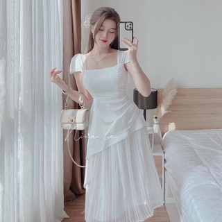 Sét bộ áo bèo trắng cổ vuông phối chân váy voan dập ly