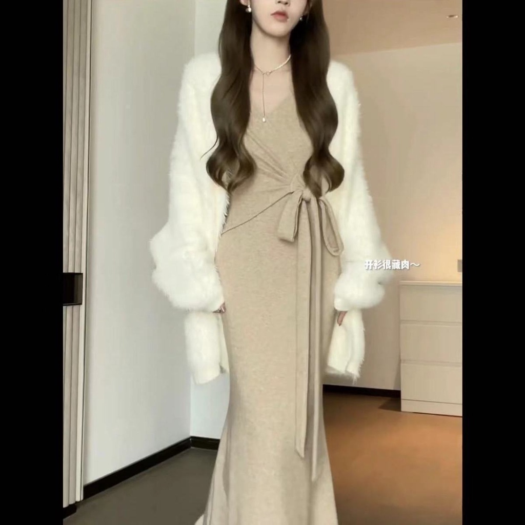 Đầm sweater Dài Tay Chiết Eo Phong Cách Pháp Thời Trang Thu Đông Kiểu Mới Cỡ Lớn Cho Nữ