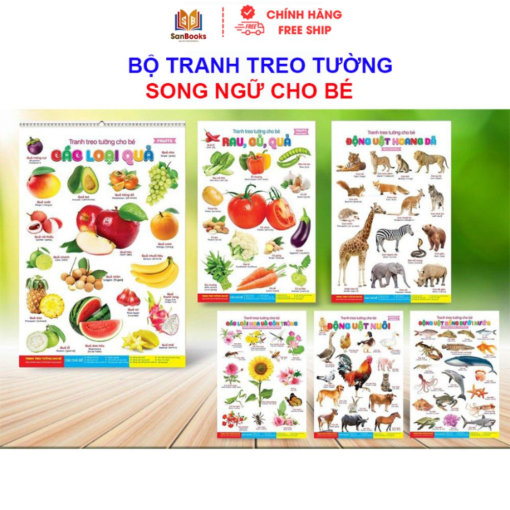 Đồ chơi - Bộ tranh treo tường song ngữ 15 chủ đề cho bé - Phiên bản mới có file đọc quét mã QR Sanbooks