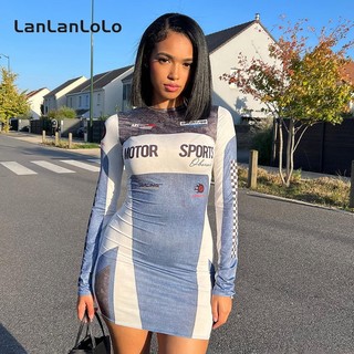 LanLanLo Nữ Màu Trơn Thời Trang In Hình Cổ Tròn Dài Tay Ôm Thường Ngày