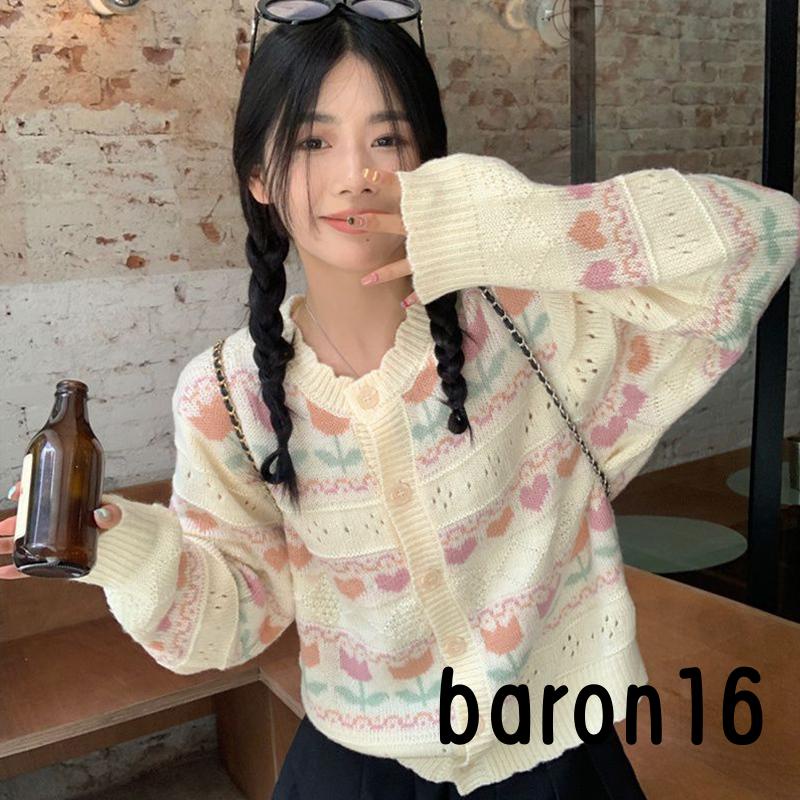 Áo cardigan Dệt Kim Tay Dài Cổ Tròn In Họa Tiết Hoa / Trái Tim Xinh Xắn Thời Trang Mùa Thu Cho Nữ