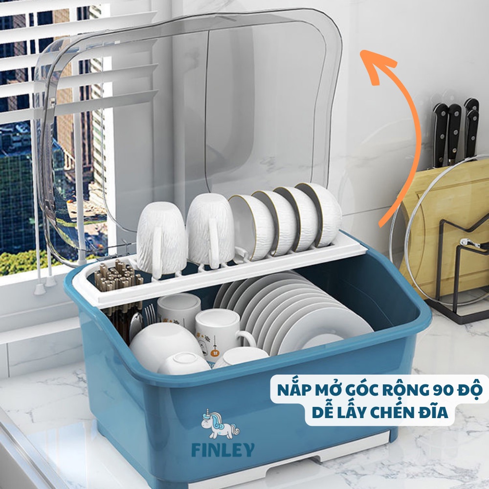 Kệ úp chén đĩa, bình sữa có nắp đậy 2 tầng FINLEY Smart tiệt trùng UV diệt khuẩn, kệ úp bát ly có khay hứng nước
