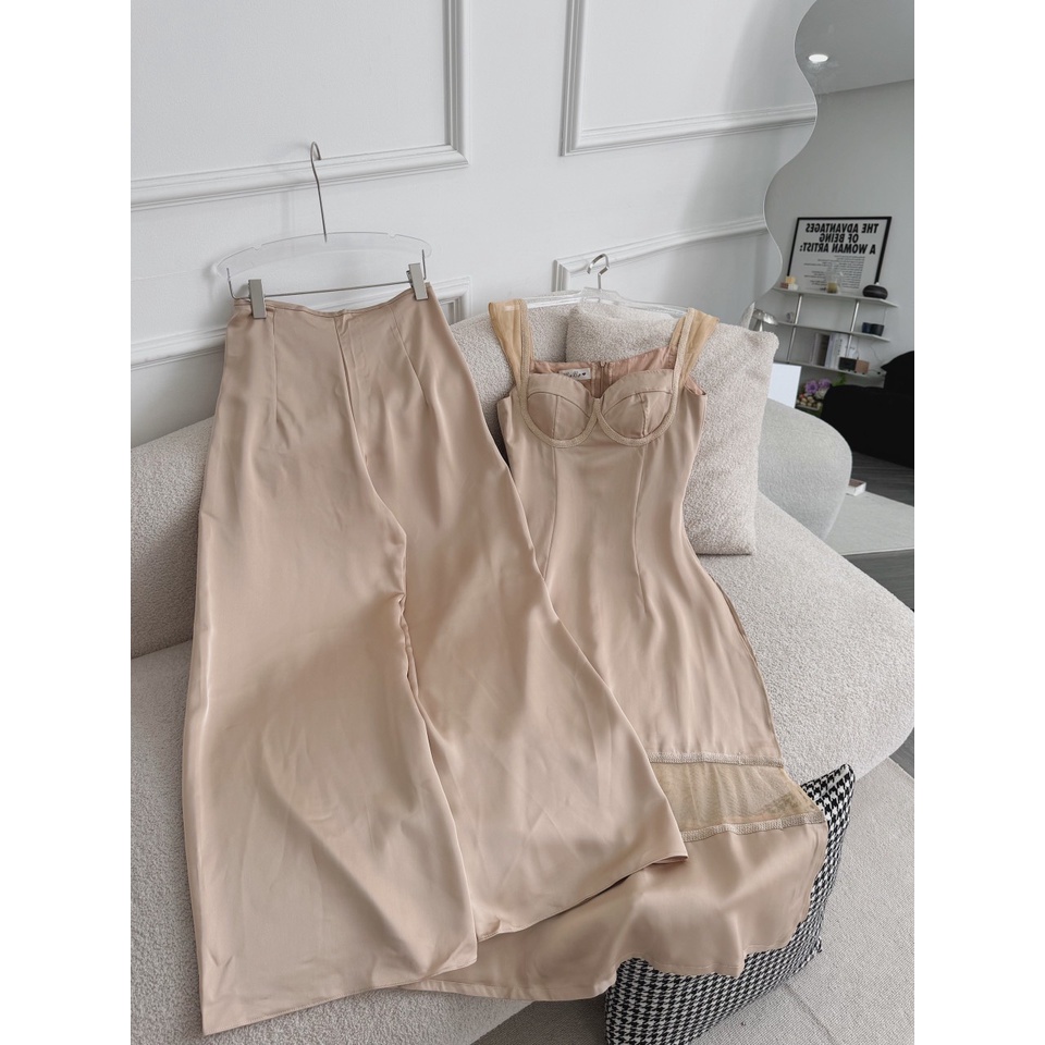 SET ÁO DÀI NÂU CÚP NGỰC TAY TIÊN +QUẦN SUÔNG