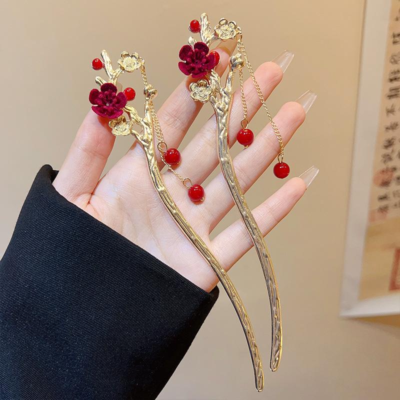 Trâm Cài Tóc Đính Hoa Hồng Đỏ Tua Rua Phong Cách Trung Hoa Thời Trang Cho Nữ CHLINS