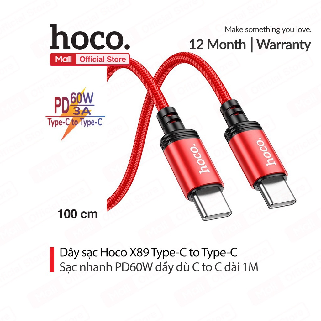 Cáp sạc Hoco X89 B85 PD 60W Type-C to Type-C, sạc nhanh 3.0A, truyền dữ liệu, dây bọc dù chống đứt, gãy gập. dài 1m(đỏ)