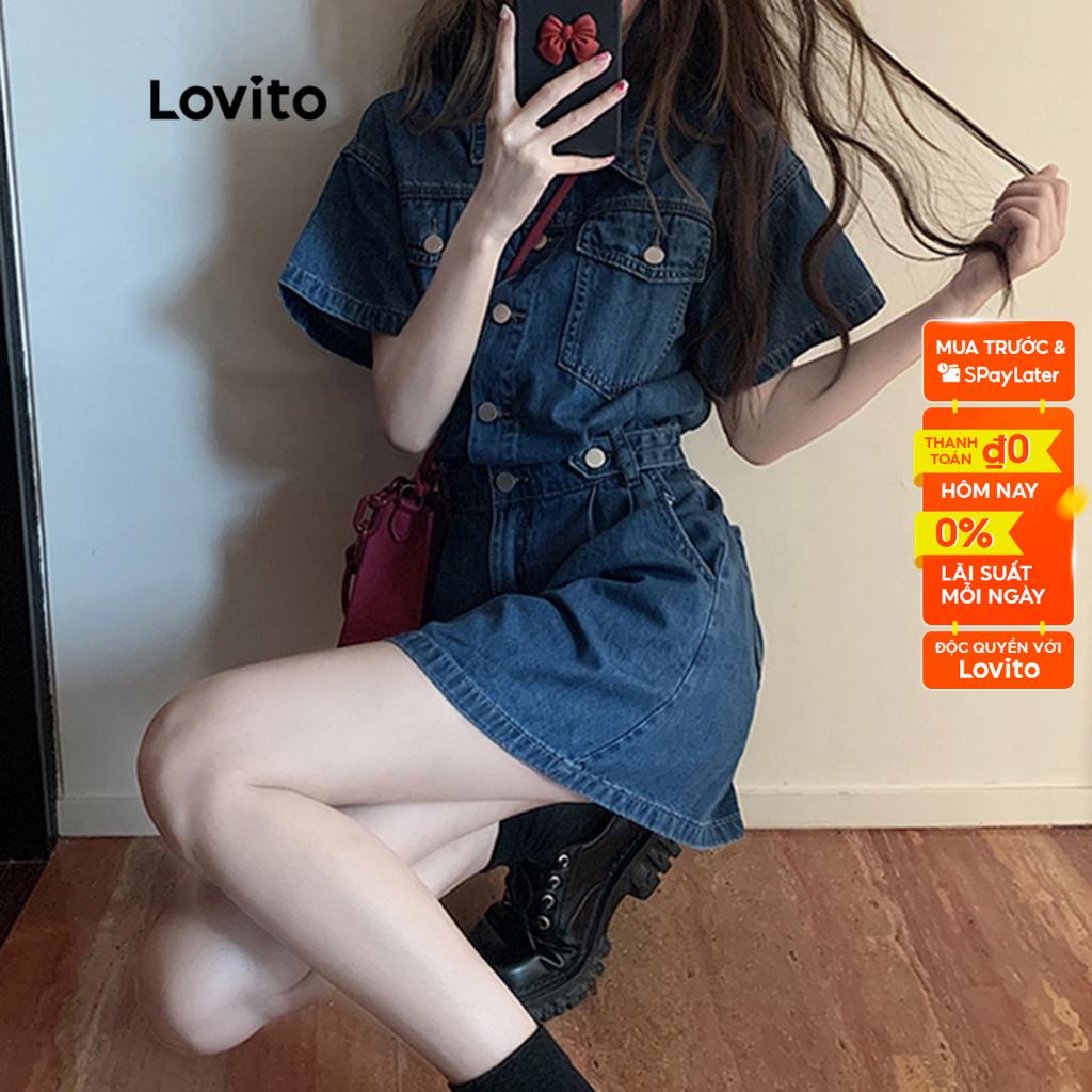 Đầm denim Lovito tay ngắn phối túi giặt thô màu trơn thường ngày cho nữ LNA09006 (Xanh dương)