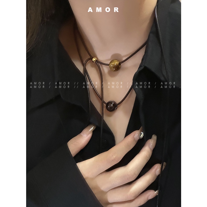 Vòng Cổ choker Dây Rút Màu Đen Mặt Đá Mắt Hổ Có Thể Điều Chỉnh Cho Nam Và Nữ