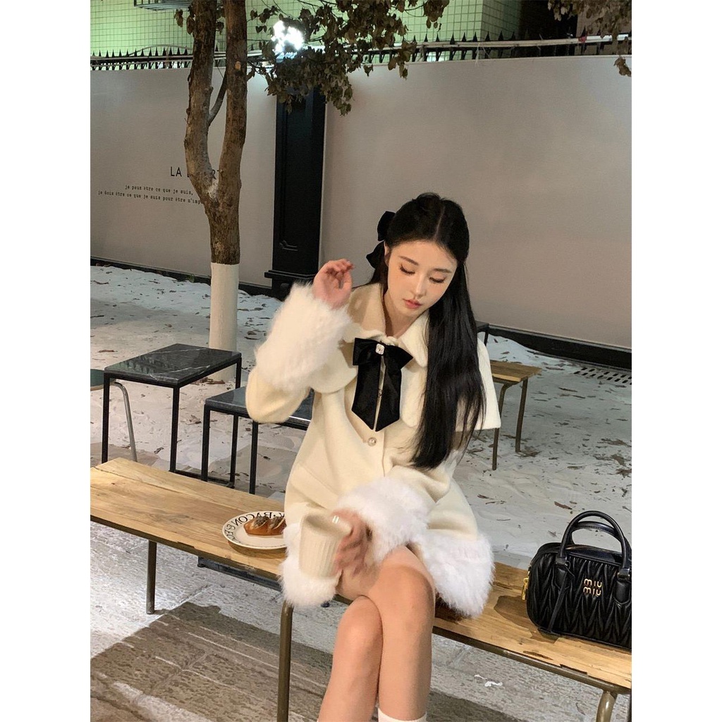 Fujia Áo Khoác Len Dày Dặn Giữ Ấm Mùa Đông Phong Cách niche Thiết Kế Ghép Vải Lông Dành Cho Bạn Nữ