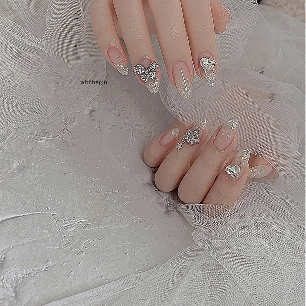 Bộ 5 Phụ Kiện Trang Trí Móng Tay Hình Nơ Đính Đá 3d Bằng Hợp Kim Màu Bạc Xinh Xắn