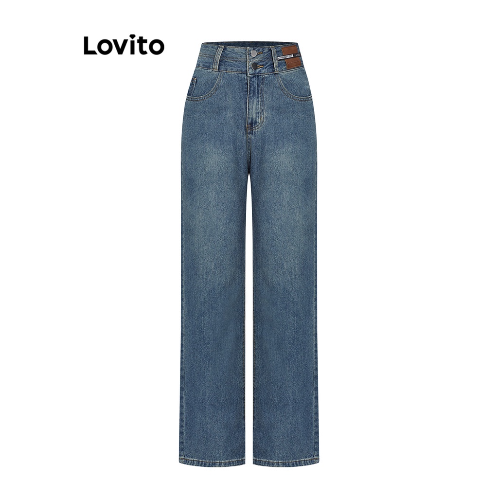 Quần jean Lovito có túi hai nút màu trơn phối đường họa tiết rách phong cách thanh lịch cho nữ L59ED014 