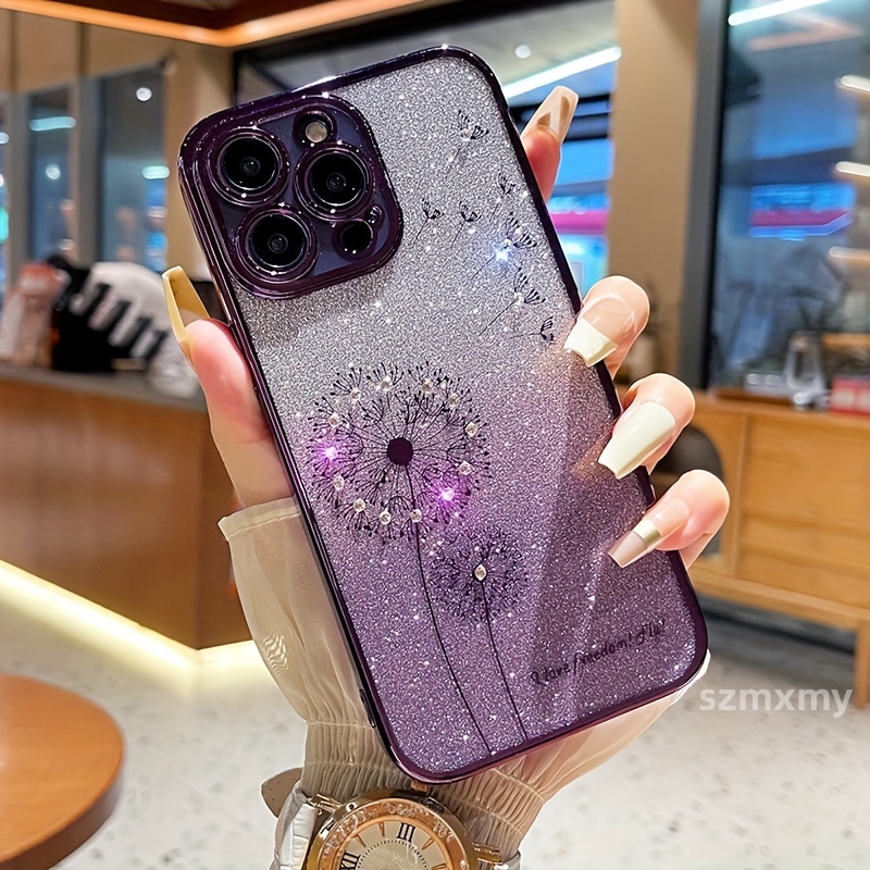 Ốp Điện Thoại Bồ Công Anh Mạ Điện Gradient Cho Iphone 16 15 12 13 14 11 Pro max 7 / 8 Plus x / xs max xr Silicon Trong Suốt Màu Tím Đậm Bảo Vệ Giọt Vỏ Mềm
