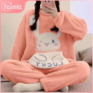 Feimoer Bộ Đồ Ngủ Bằng Vải Nhung Lông Cừu San Hô Giữ Ấm Mùa Đông In Hình Thỏ Trắng Dễ Thương Có Đệm Lót Nỉ Dành Cho Bạn Nữ