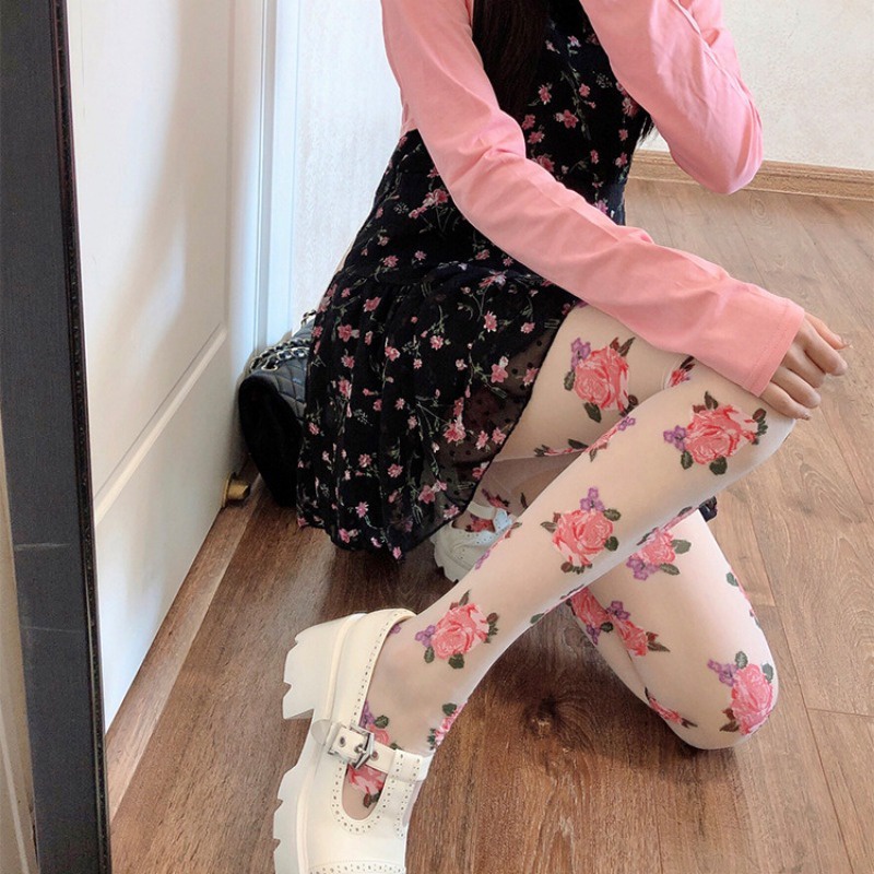 New Style Silk Stockings, Retro Floral Jumpsuit, Black Silk Nightclub Dancing, Women's Floral Silk Stockings with Anti Hook and Anti Silk Punching