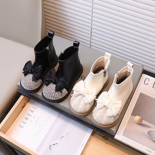 Giày boot nơ đính nơ đá ngọc cho bé gái siêu sang
