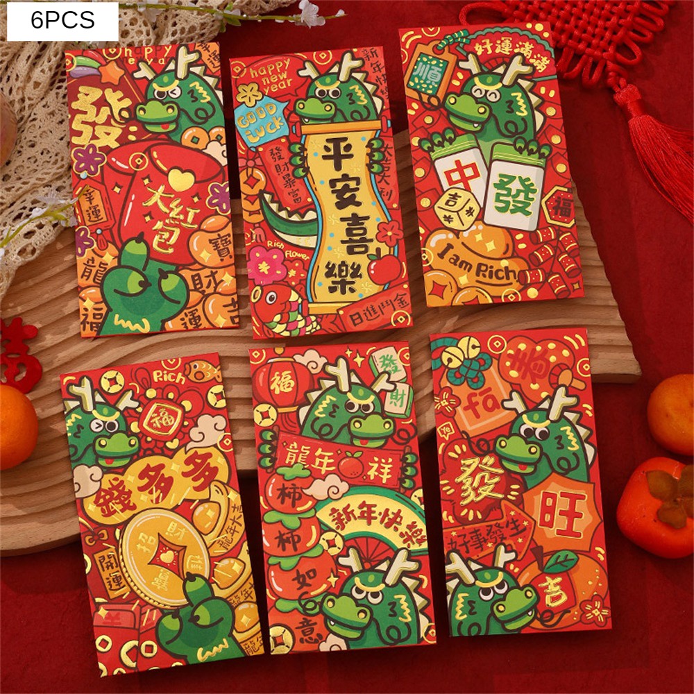 6 Cái/gói 2024 Cny Năm Rồng Dài Angpao Phim Hoạt Hình Phong Bì Màu Đỏ Sáng Tạo Gói Màu Đỏ Phong Bì Màu Đỏ Túi Quà Hongbao