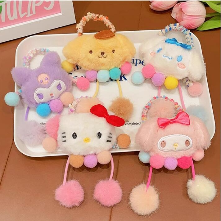 SANRIO Mới Dây Cột Tóc Cao Su Đính Bóng Lông Hoạt Hình kuromi Đáng Yêu Cho Bé Gái