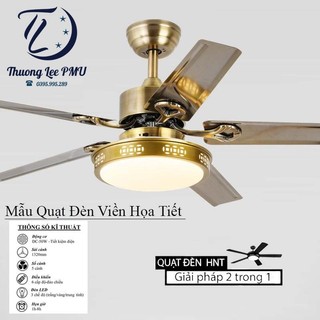 Quạt trần có đèn LED, vân đồng xu chiều tài lộc, cánh hợp kim, Quạt đèn trần trang trí,