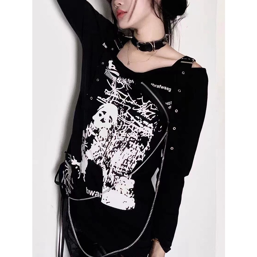Áo Thun Dây Rút Hở Vai Dáng Rộng Phong Cách gothic punk y2k Millet hot girl Cho Nữ