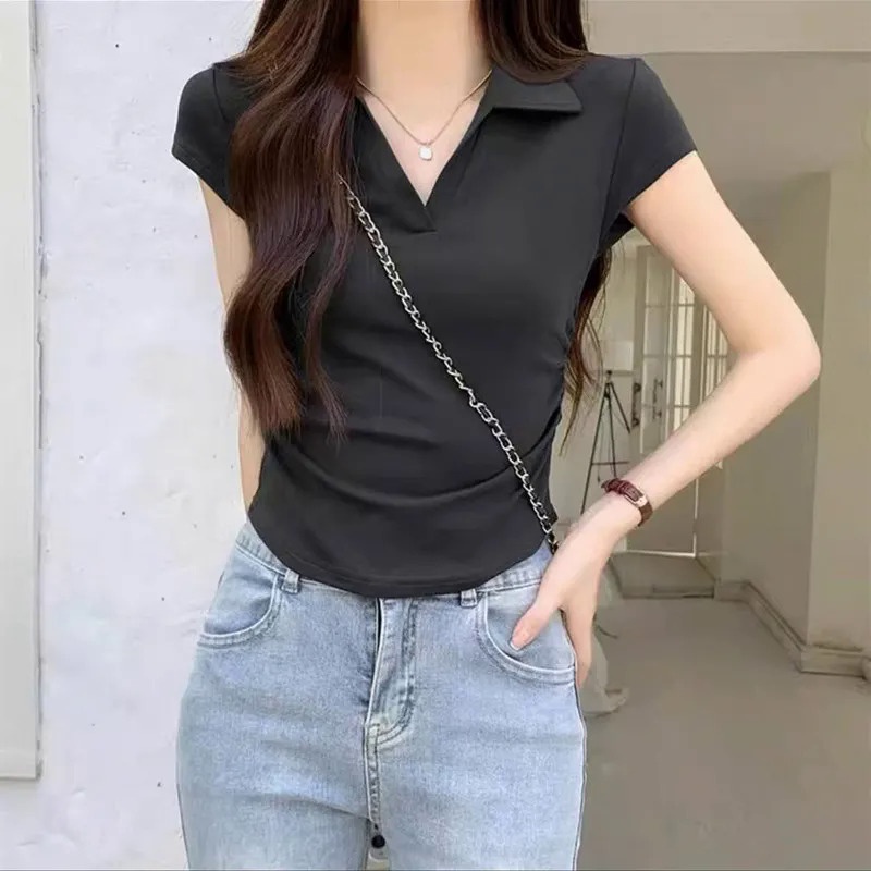 Milyfashion Áo Thun polo Ngắn Tay Xếp Ly Eo Hẹp Bằng Vải Cotton Nguyên Chất Thời Trang Mùa Hè Dành Cho Bạn Nữ