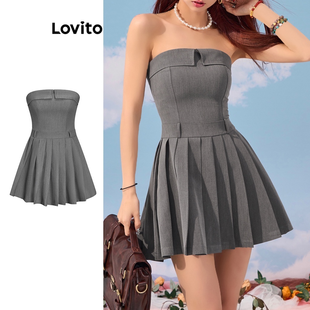 Đầm Lovito xếp nếp màu trơn thường ngày cho nữ L67AD077 (Màu xám)