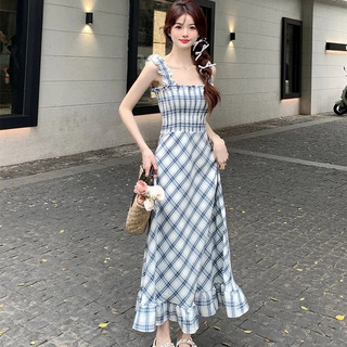 Đầm Hai Dây Cổ Vuông Dáng Dài Họa Tiết Kẻ Sọc Thời Trang Xuân Thu Mới Cho Nữ