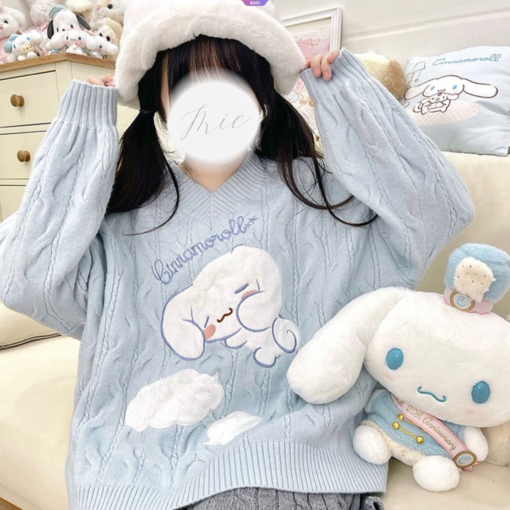 Áo sweater Dệt Kim Tay Dài Dáng Rộng Cổ Chữ v Thêu Hoạt Hình sanrio cinnamoroll Phong Cách Nhật Bản Thời Trang Xuân Thu Cho Nữ y2k