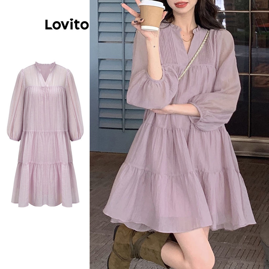 Lovito Đầm hai tầng trơn màu trơn dễ thương cho nữ L61AD087 (Tím nhạt)