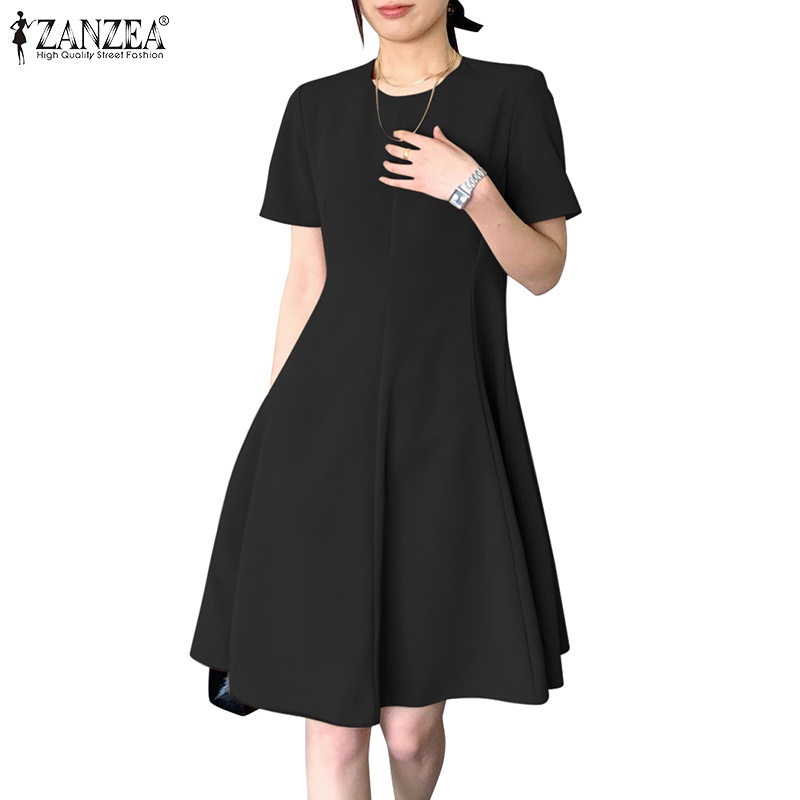 Zanzea Đầm Chữ a Ngắn Tay Cổ Tròn Màu Trơn Thời Trang Hàn Quốc