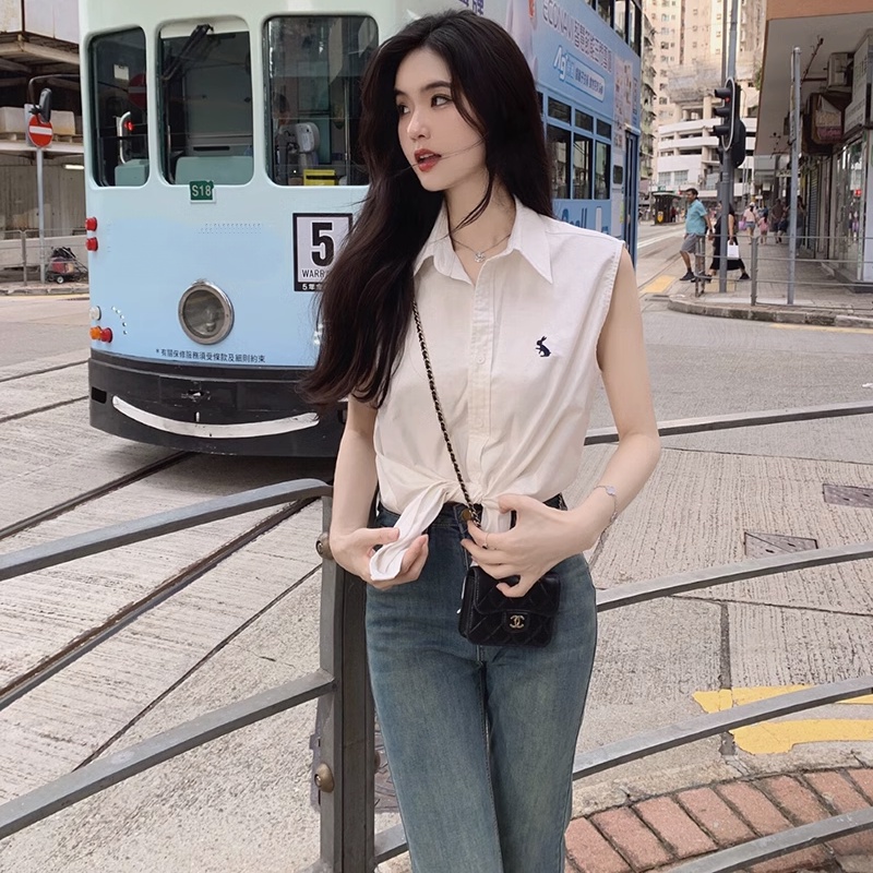 Bh Áo Sơ Mi cotton Không Tay Thêu Hình Thỏ Thời Trang Dành Cho Nữ