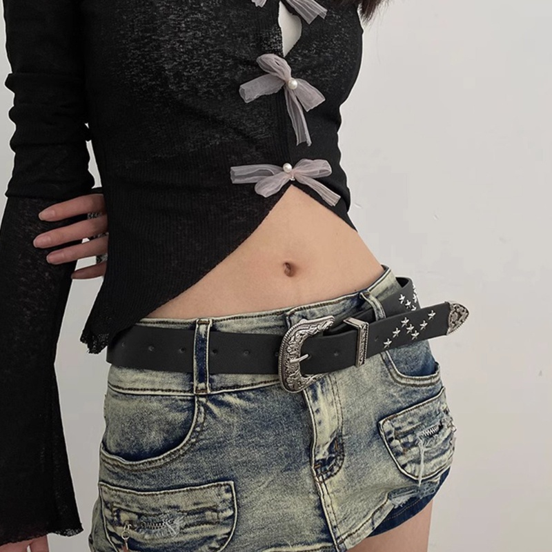 Brroa Thắt Lưng Da pu Khóa Chạm Khắc Hoa Phong Cách harajuku vintage