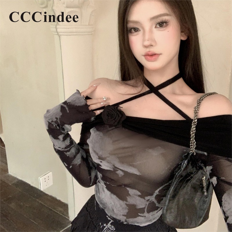 Cccindee Áo Thun Tay Dài Hở Vai Phối Màu Tương Phản Thời Trang 2023 Dành Cho Nữ