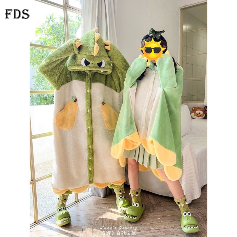 Fds Đồ ngủ Lông Cừu San Hô Dày Dặn In Họa Tiết Khủng Long Hoạt Hình Đáng Yêu Thời Trang Mùa Đông Cho Nữ one