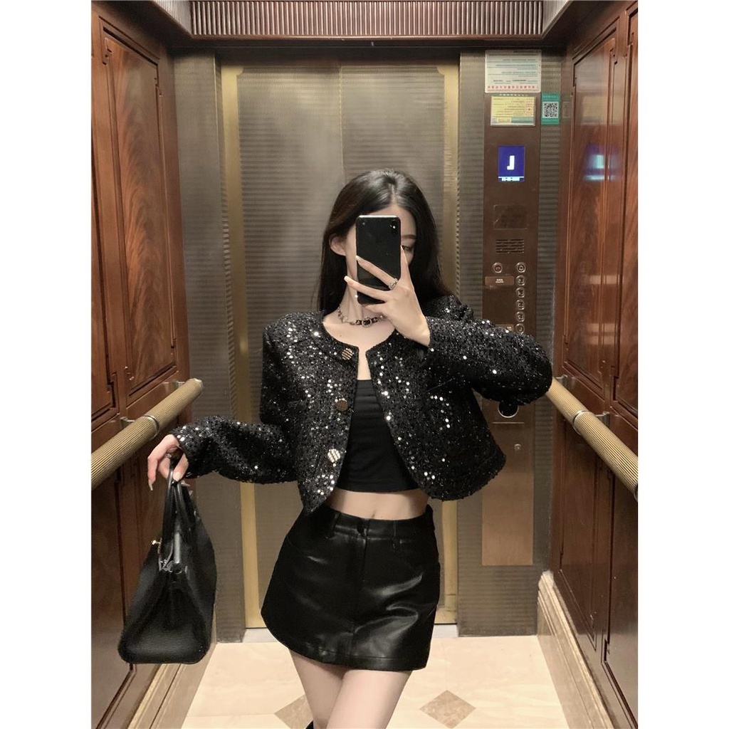 Áo Khoác Dáng Ngắn Đính Kim Sa Lấp Lánh Sang Trọng Cho Nữ