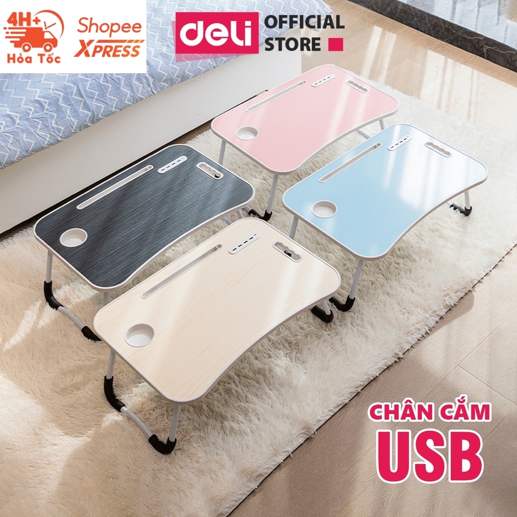 Bàn Học Gấp Gọn Thông Minh Deli Bàn Laptop Bàn Làm Việc Có Khe Để Điện Thoại Máy Tính Bảng Tích Hợp Ổ Cắm USB Đa Năng