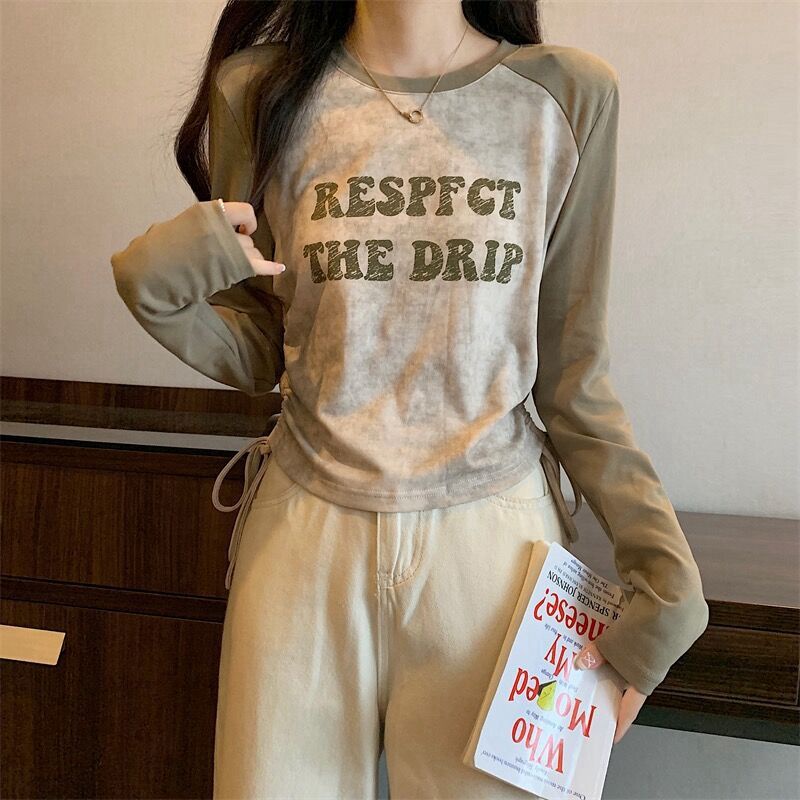 Áo Thun Tay Dài Dáng Ôm Màu Sắc Tương Phản Phối Dây Rút Thời Trang Mùa Thu Cho Nữ
