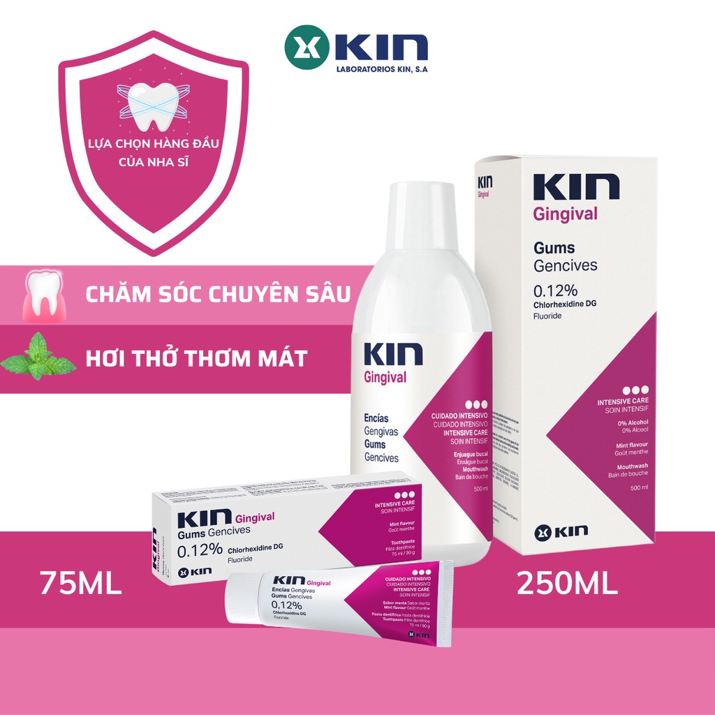 Combo Nước Súc Miệng Và Kem Đánh Răng Kin Gingival Cho Viêm Nướu, Hôi Miệng 250ml/75ml