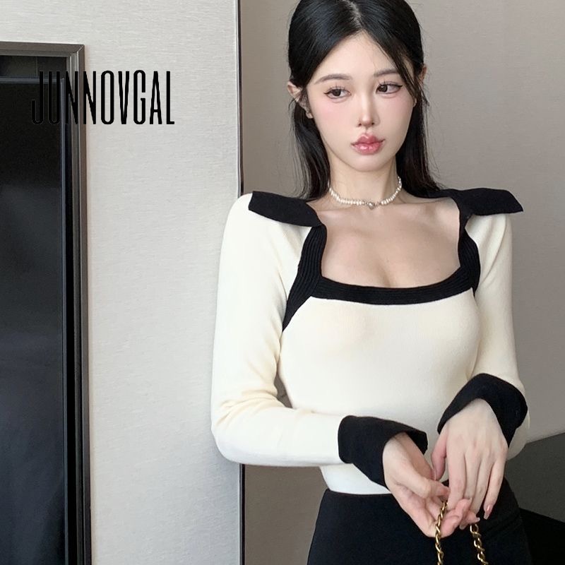 Junnovgal Áo Thun Tay Dài Cổ Vuông Khoét Sâu Màu Tương Phản Thời Trang 2023 Cho Nữ