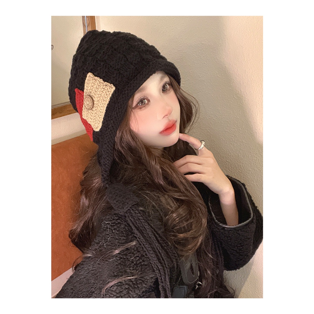 Mũ Len Dệt Kim Đính Nút Phối Tua Rua Phong Cách Trung Hoa Thời Trang Thu Đông Cho Nữ
