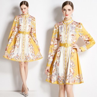 Đầm Dáng Chữ a Tay Dài Phồng Cổ Đứng Eo Cao In Họa Tiết vintage Thanh Lịch Thời Trang Xuân Thu Dành Cho Bạn Nữ