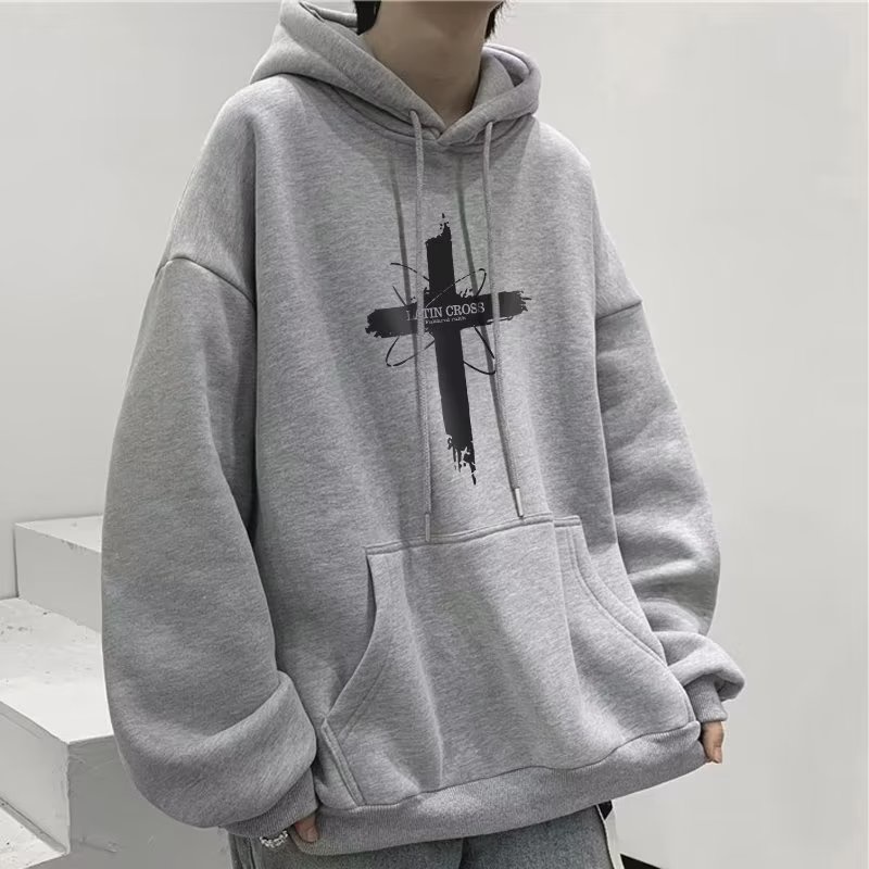 Áo hoodie cotton Nhung Dày Dặn Tay Dài In Chữ Thập Thời Trang Đường Phố Mỹ size m-5xl Dành Cho Nam