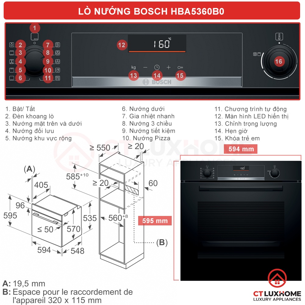 Lò Nướng Âm Tủ Bosch HBA5360B0 - Serie 6, Dung Tích 71L, Công Suất 3400W, Made in Spain, BH 12 Tháng, giadungnhapkhau19