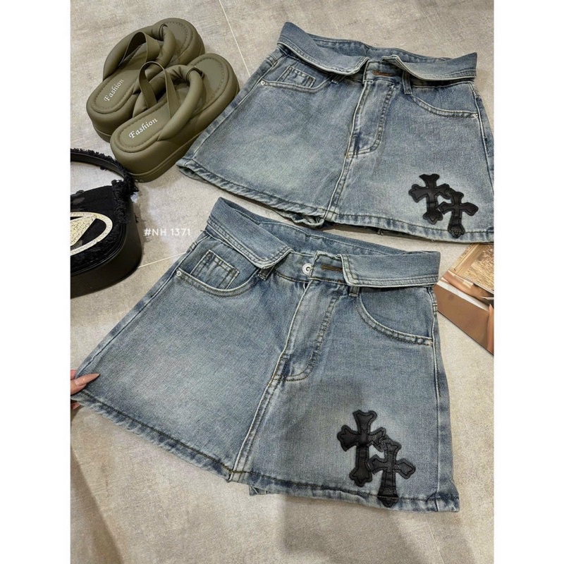 Chân váy jean chữ thập gập lưng