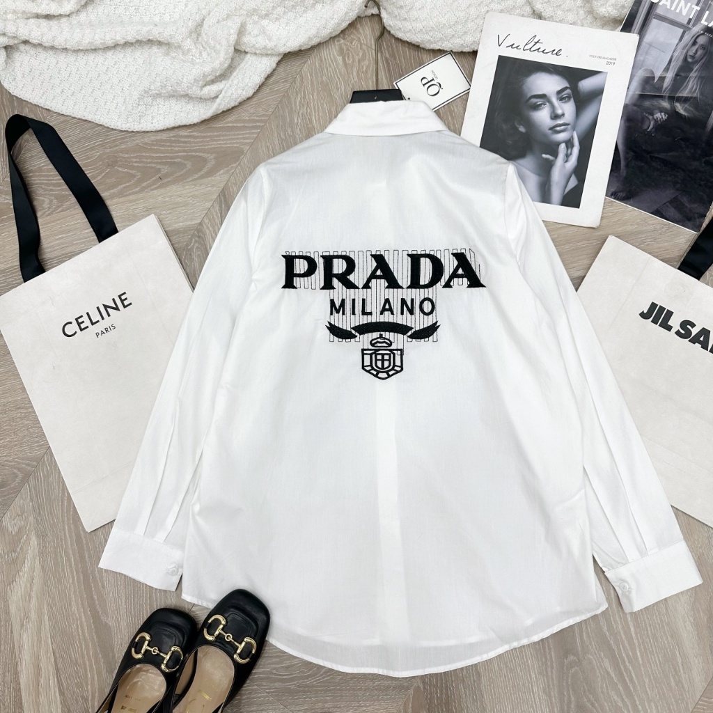 Áo Sơ Mi Nữ, Thêu Chữ Prad Milano Lưng, Form Rộng, Chất Thô Nhuyễn, Mịn Mát, T14090