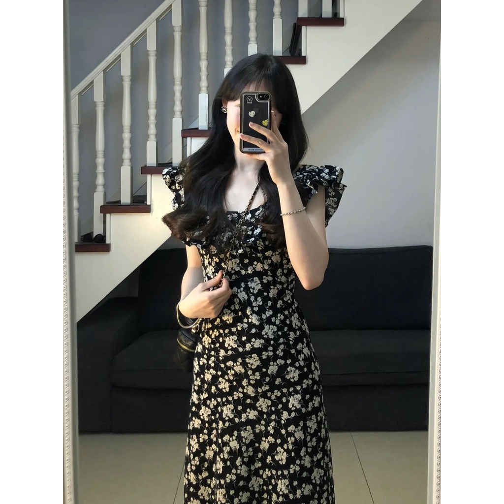 Đầm Hoa Tay Ngắn Dáng Dài Chiết Eo Kiểu Pháp Xinh Xắn