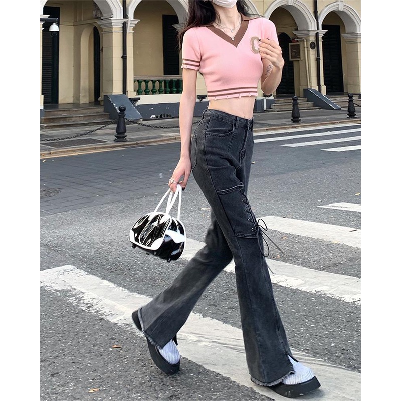 Quần Jean Ống Loe Lưng Cao Xẻ Tà Màu Đen Xám mav5 Thời Trang 2023 Cho Nữ