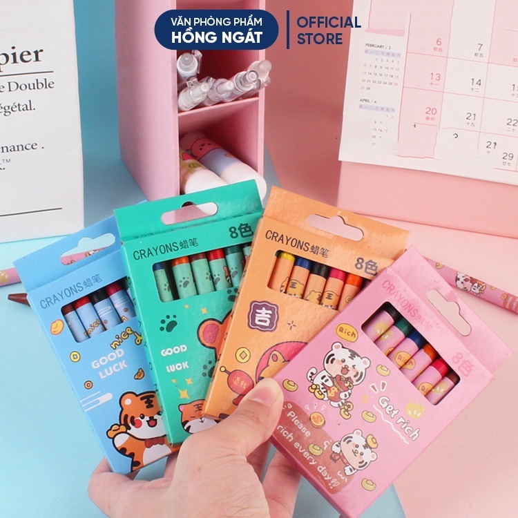 Bút sáp màu cho bé tập tô vẽ, hộp 8 bút màu sáp đồ dùng học tập văn phòng phẩm dễ thương quà tặng học sinh E1435
