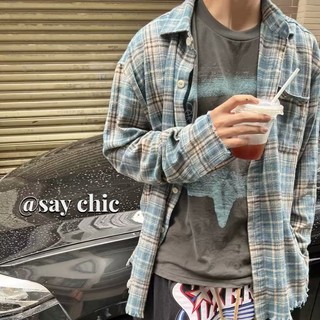 Áo khoác sơ mi phối tua rua họa tiết kẻ sọc phong cách retro mỹ cho nam
