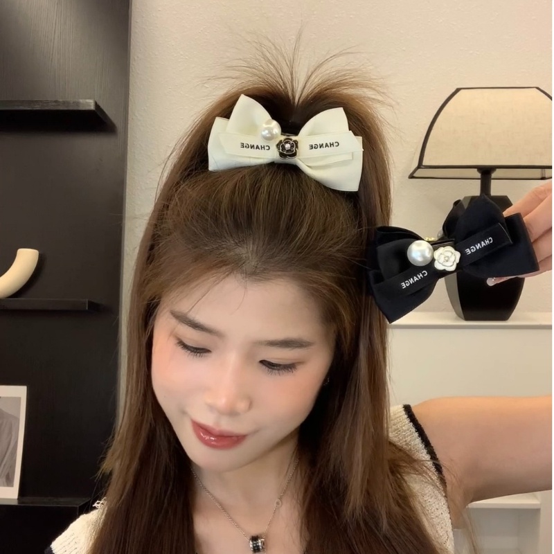 Đen Kẹp Tóc Hình Nơ Đính Hoa Trà Trắng Thời Trang Cho Nữ